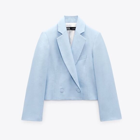 ZARA SKY BLUE LINEN CROPPED BLAZER - Picture 3 of 7
